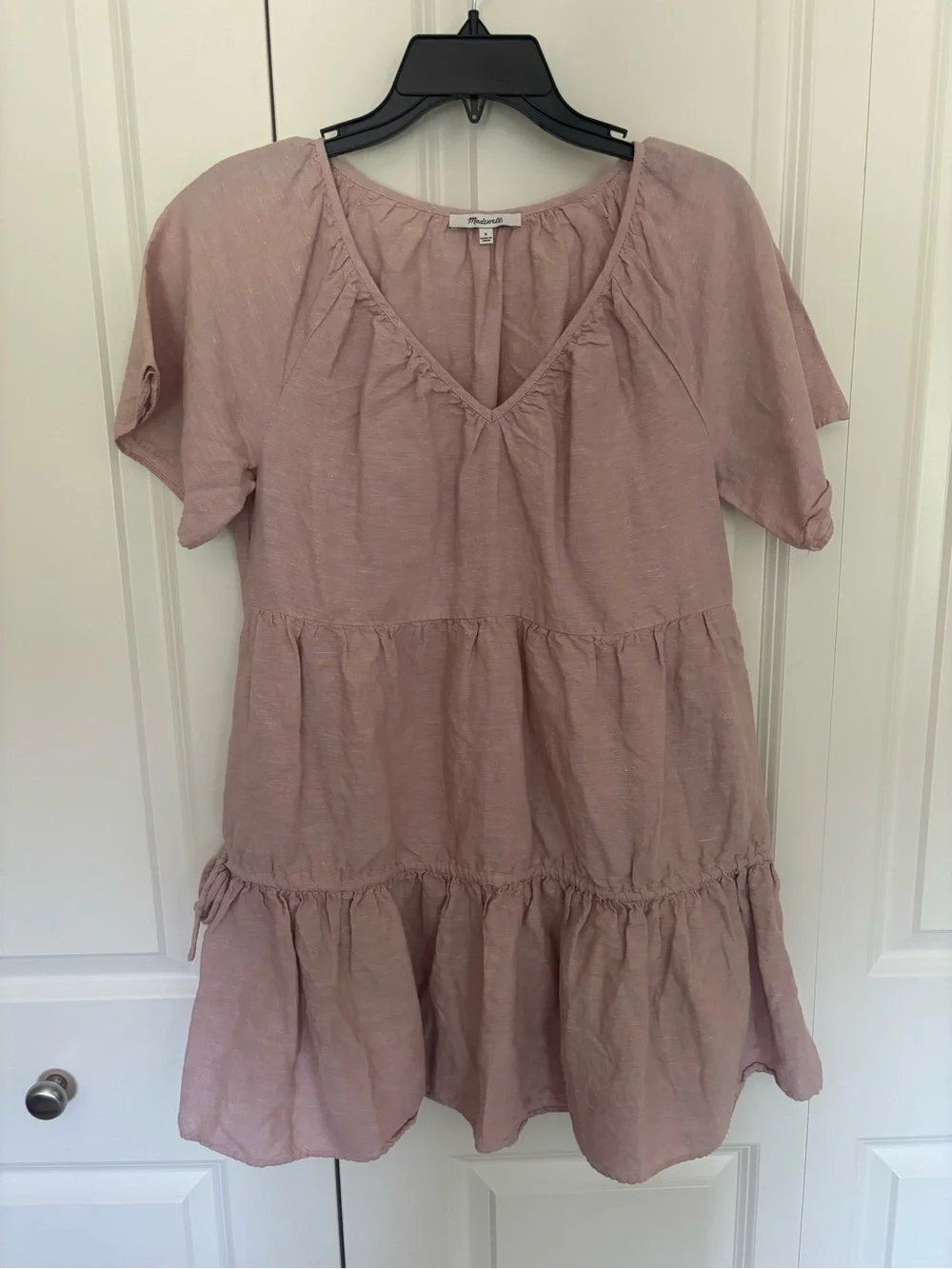 Madewell Pale Pink Ruffled Linen Cotton Blend Lorelei V Neck Mini Dress Size S.